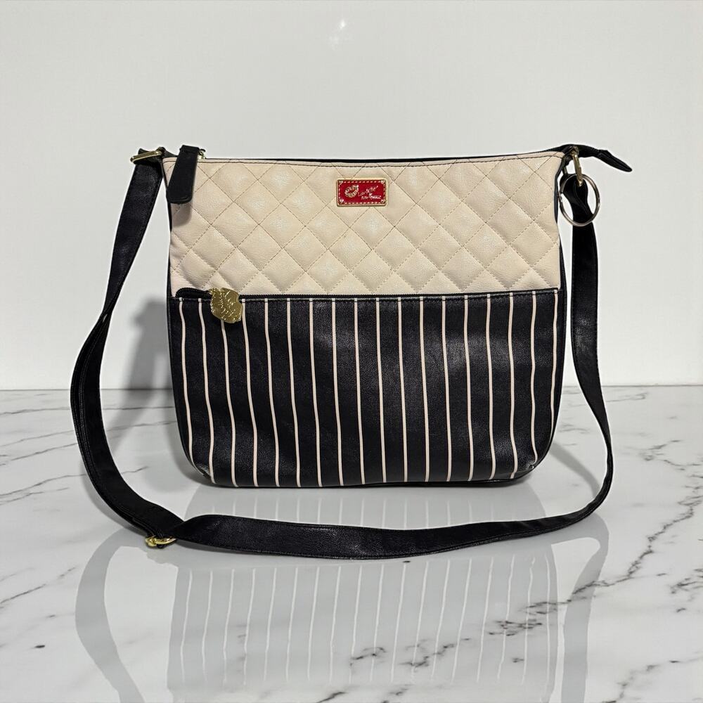 Luv Betsey by Betsey Johnson Quilted Black White Stripe Crossbody Bag Medium Med